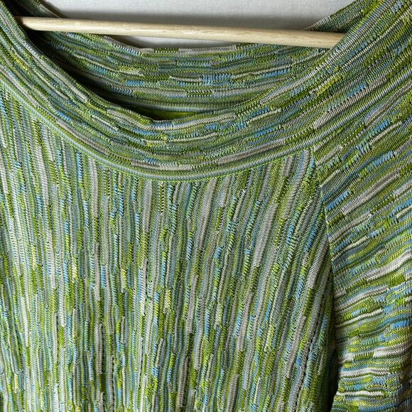 Sigrid Olsen Blue Green Silk Blend Textured Stripe 3/4 Sleeve Sweater Sz L - Picture 4 of 12
